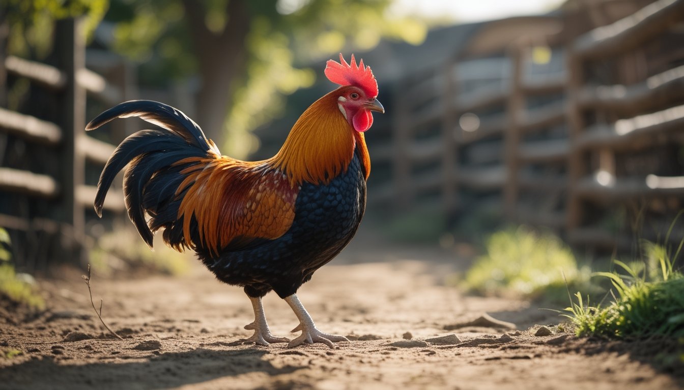 Seekor ayam jago sehat dan kuat berdiri di tanah dengan latar belakang pedesaan yang alami.