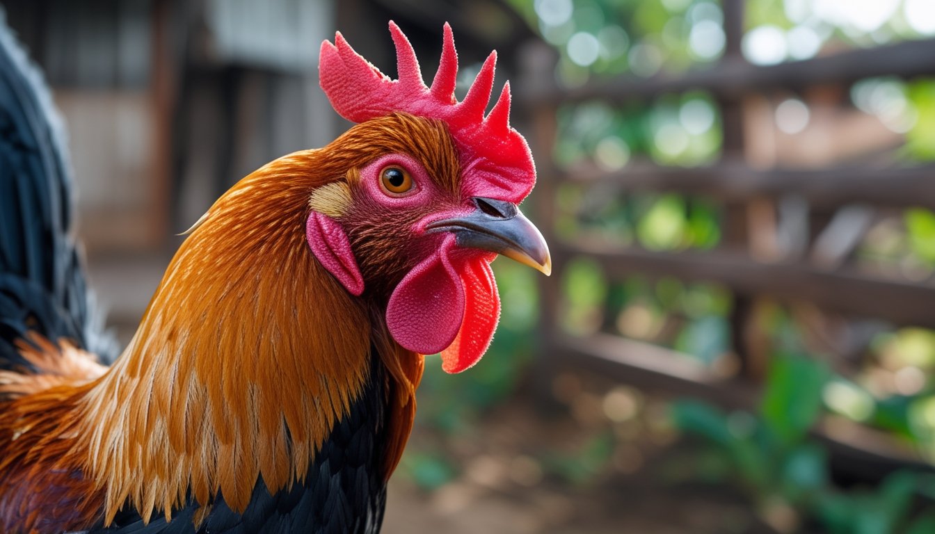 Seekor ayam sabung berkualitas dengan bulu berwarna cerah berdiri di lingkungan pedesaan.