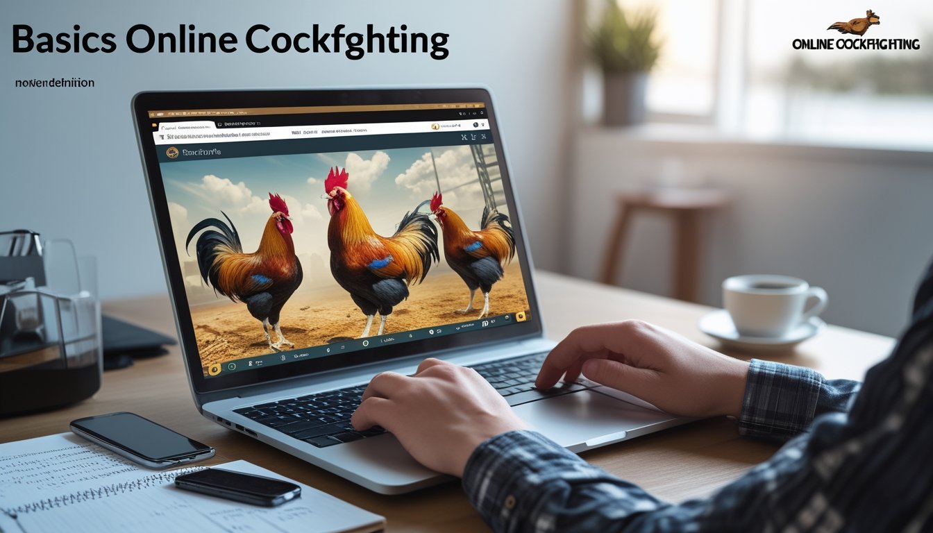Seorang pengguna yang sedang bermain sabung ayam online di laptop dengan suasana kerja yang rapi dan fokus.
