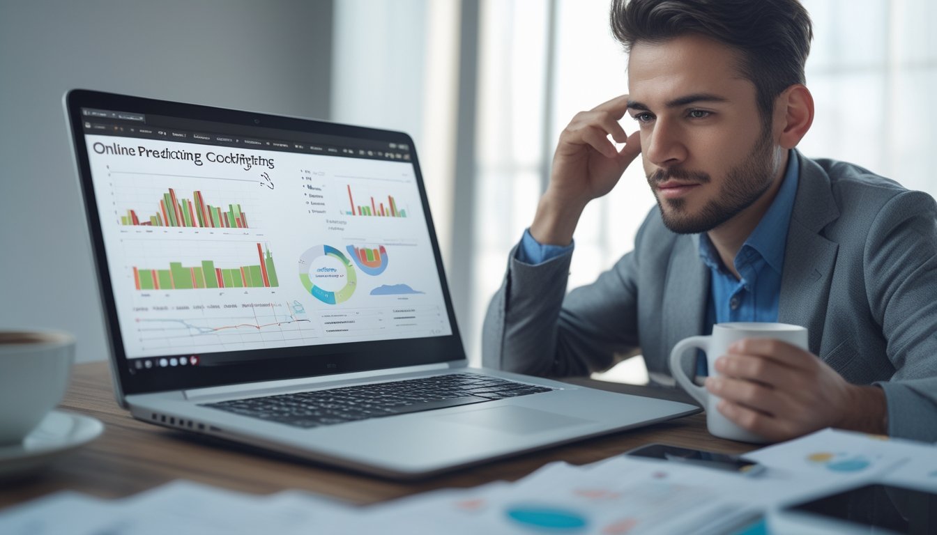 Seorang pria duduk di depan laptop dengan data dan grafik analisa sabung ayam online, terlihat fokus dan serius dalam menganalisa.