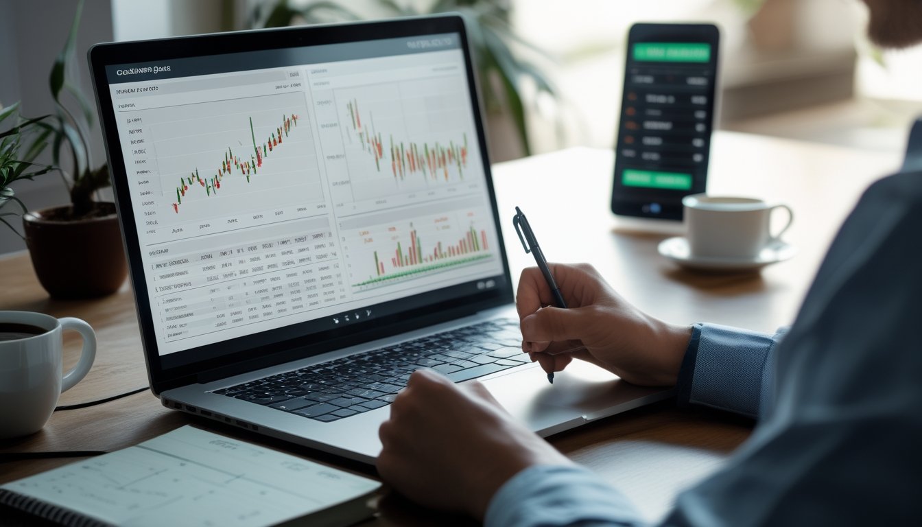 Seorang pria sedang menganalisis data pada laptop dengan grafik dan catatan di meja kerja.