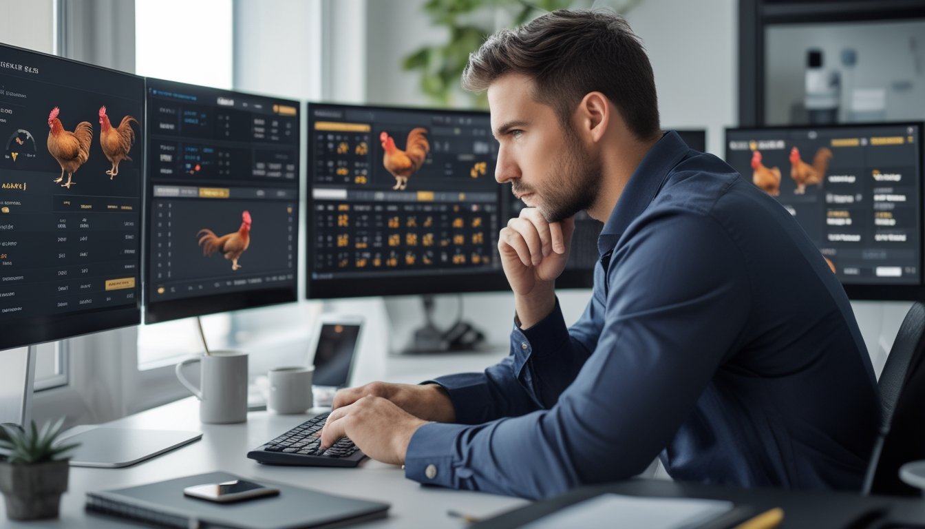 Seorang pria duduk di meja dengan beberapa layar komputer yang menampilkan pertandingan sabung ayam secara langsung, sedang fokus menganalisis data dan statistik.