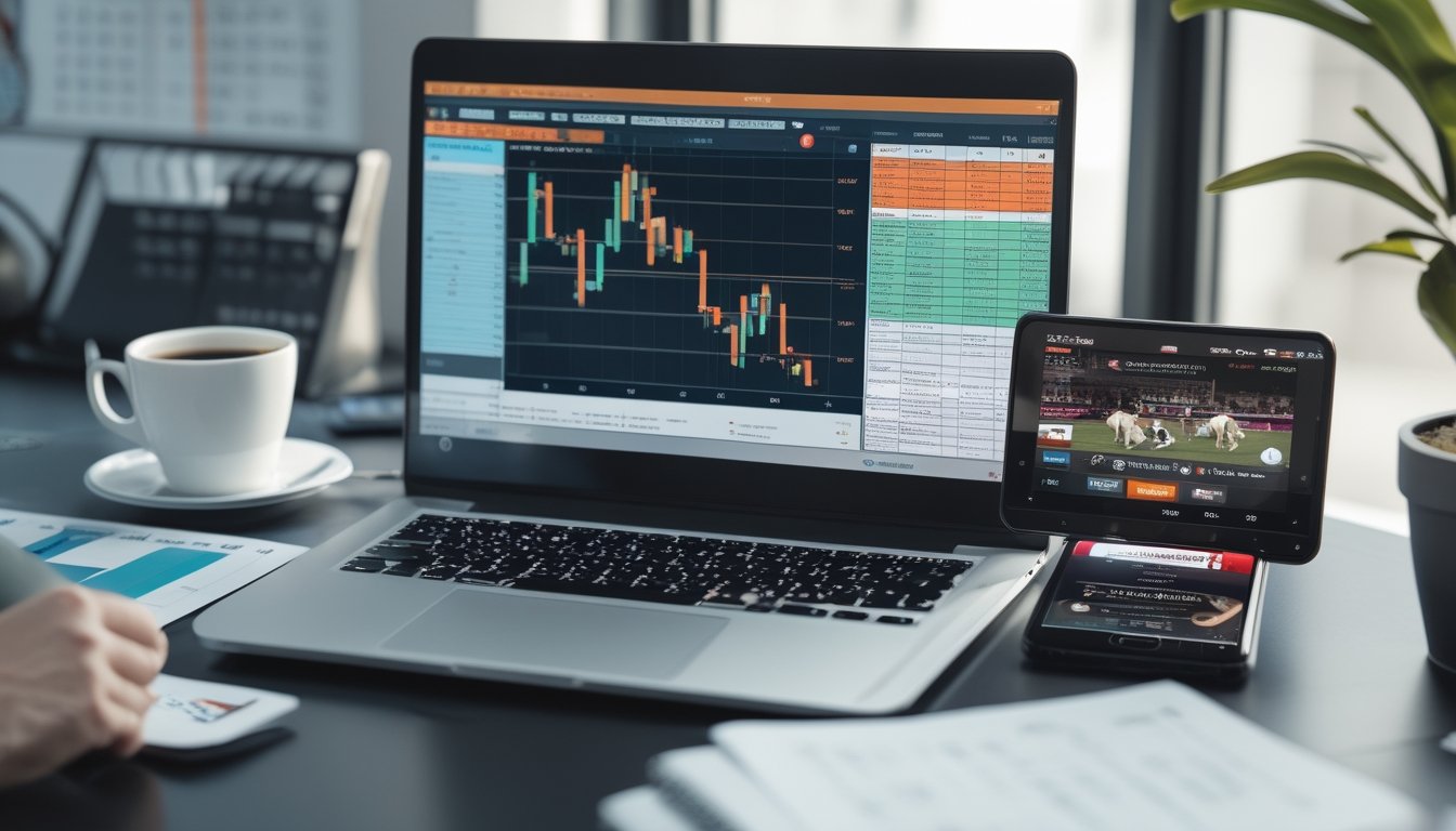 Seseorang sedang menganalisis pola pertandingan sabung ayam secara online di depan laptop dengan grafik dan catatan di meja.