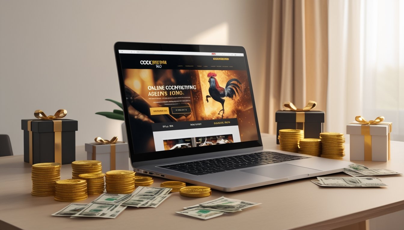 Meja kerja dengan laptop yang menampilkan situs agen sabung ayam online, dikelilingi koin emas dan kotak hadiah sebagai simbol bonus.