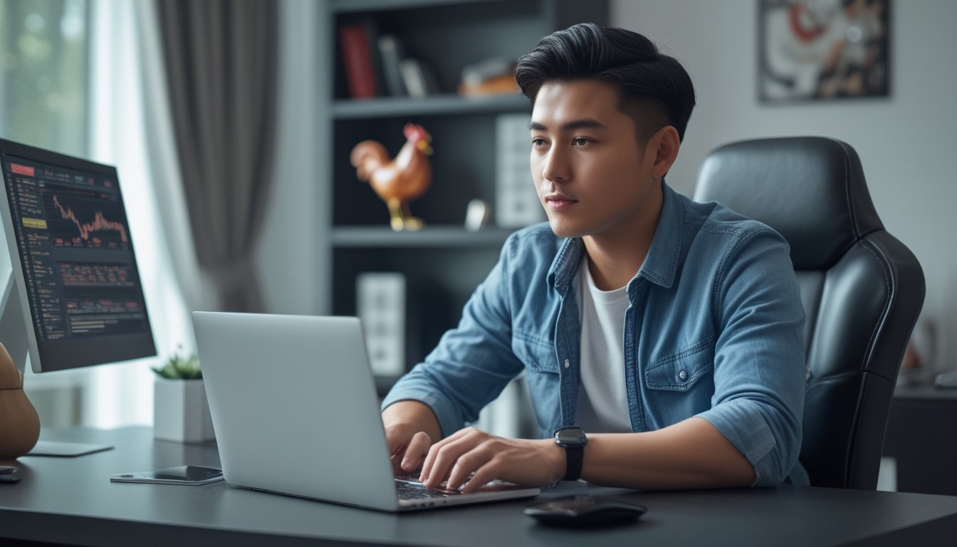 Seorang pria muda duduk di meja dengan laptop, tampak fokus dan serius di ruang kerja modern.