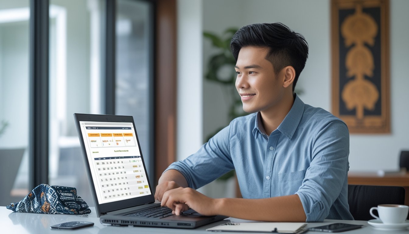 Seorang pria muda duduk di meja dengan laptop terbuka, fokus menganalisis data taruhan online dalam ruangan kantor rumah yang nyaman dengan hiasan budaya Indonesia.