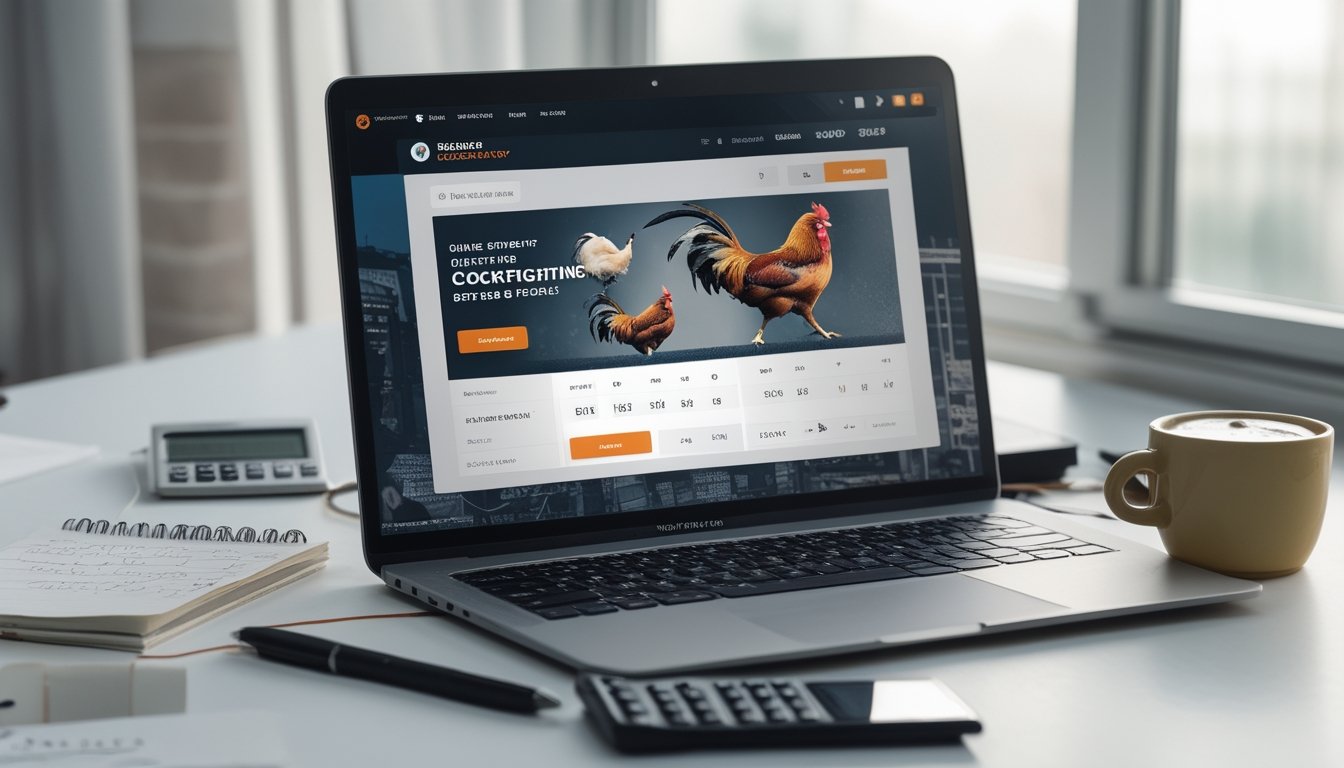 Seseorang sedang menggunakan laptop di meja kerja dengan tampilan situs taruhan sabung ayam online, dikelilingi alat tulis dan kalkulator.