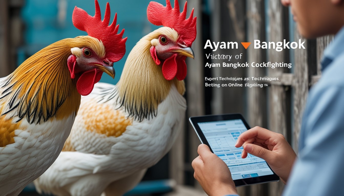 Dua ayam Bangkok yang gagah berdiri di luar ruangan dengan seseorang yang sedang menganalisis data pada tablet digital di latar belakang.