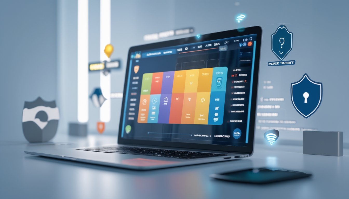 Sebuah ruang kerja modern dengan laptop yang menampilkan platform togel online, dilengkapi simbol keamanan dan grafik pasar.