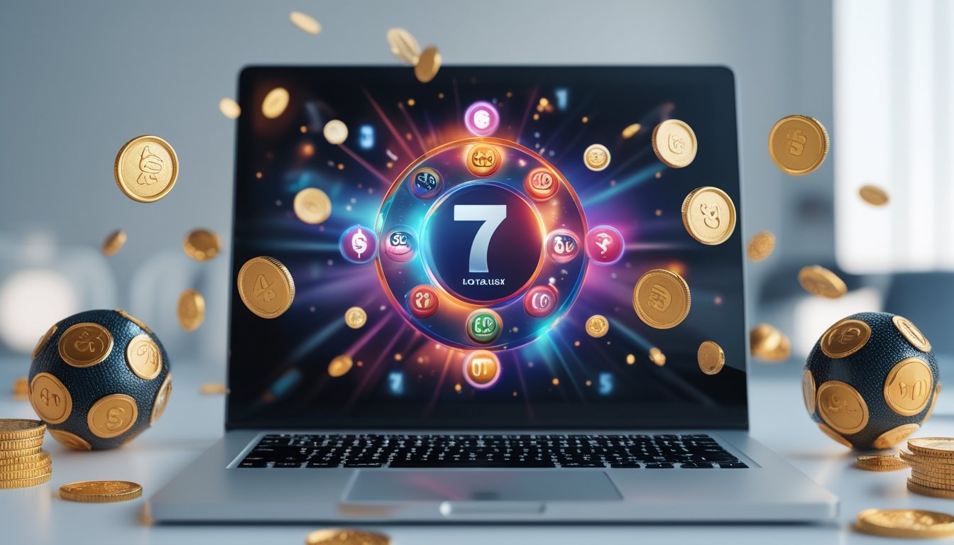 Sebuah laptop di meja kerja modern dengan koin emas dan bola lotere di sekitarnya, menggambarkan konsep situs togel online terbaik dengan bonus besar.