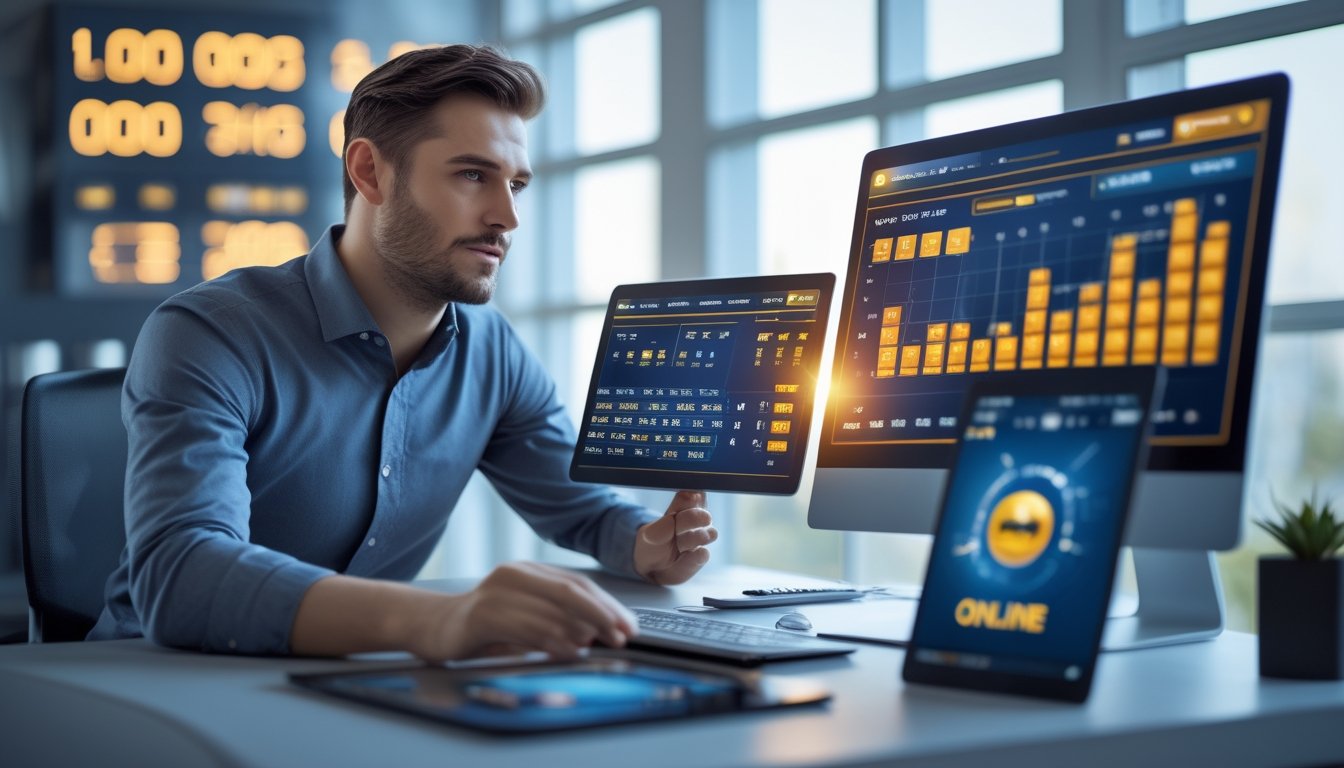 Seorang pria duduk di meja kantor modern dengan beberapa perangkat digital yang menampilkan data terkait permainan online, terlihat fokus dan profesional.