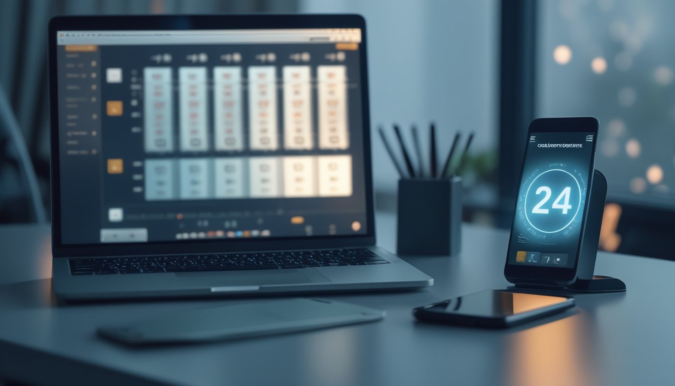 Meja kerja modern dengan laptop dan ponsel yang menampilkan layanan togel online dan dukungan pelanggan 24 jam.