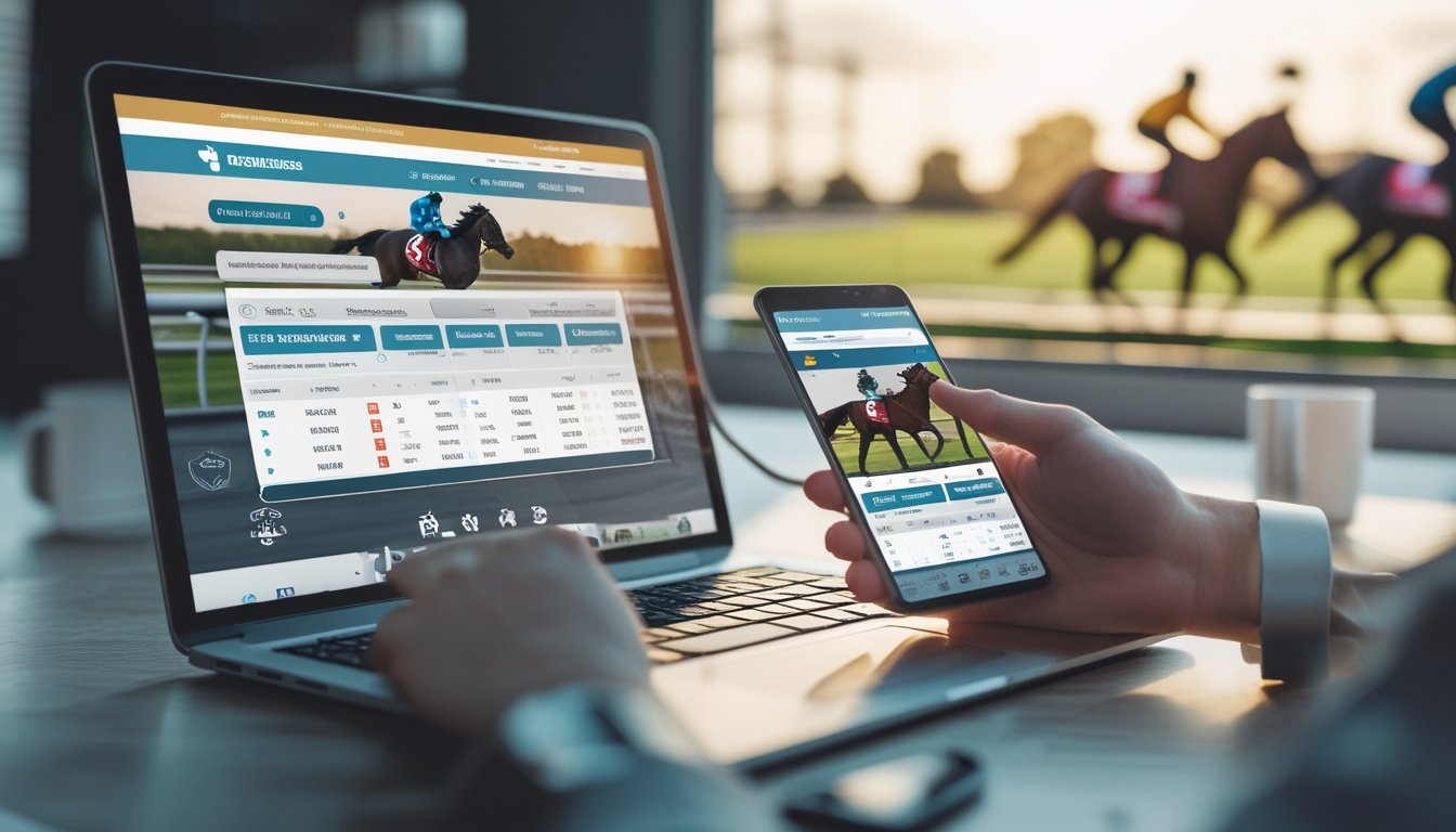 Seorang pengguna berinteraksi dengan laptop dan ponsel yang menampilkan situs taruhan balap kuda online, dengan latar belakang balapan kuda di trek balap.