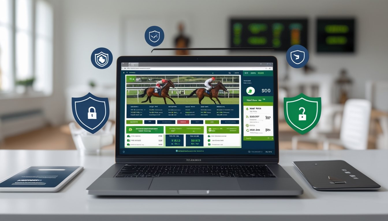 Seorang pengguna sedang melihat situs taruhan balap kuda online yang aman dan terpercaya di layar komputer di ruangan yang rapi.