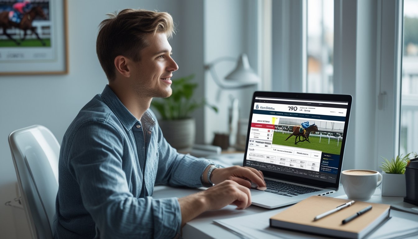 Seseorang duduk di meja dengan laptop terbuka, melihat situs judi balap kuda terpercaya di ruang kerja yang terang dan rapi.
