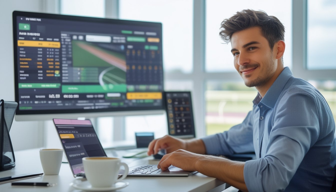 Seorang pria muda duduk di meja dengan laptop dan layar komputer menampilkan balap kuda online, terlihat fokus dan santai.