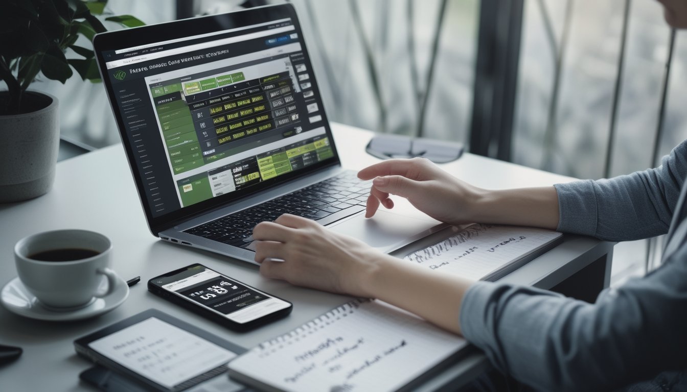 Seseorang menggunakan laptop dan ponsel untuk bermain judi balap kuda online di meja kerja.