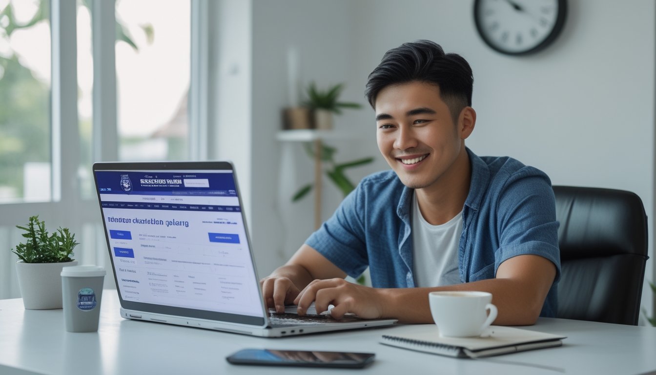 Seorang pria muda Indonesia sedang duduk di meja dengan laptop terbuka, tersenyum dan fokus menggunakan situs taruhan online di ruang kerja yang terang dan rapi.