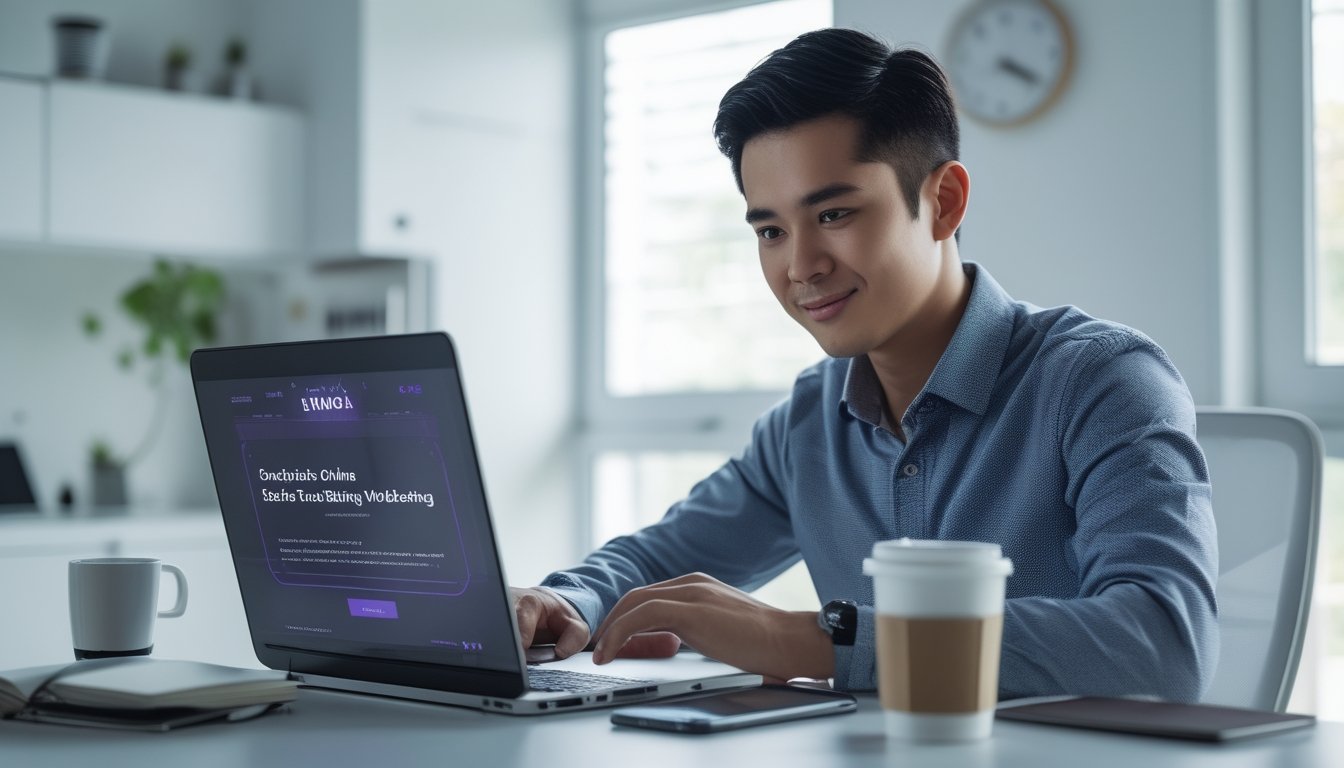 Seorang pria muda Indonesia duduk di meja dengan laptop, sedang menggunakan situs betting online yang aman di ruang kerja rumah yang terang.
