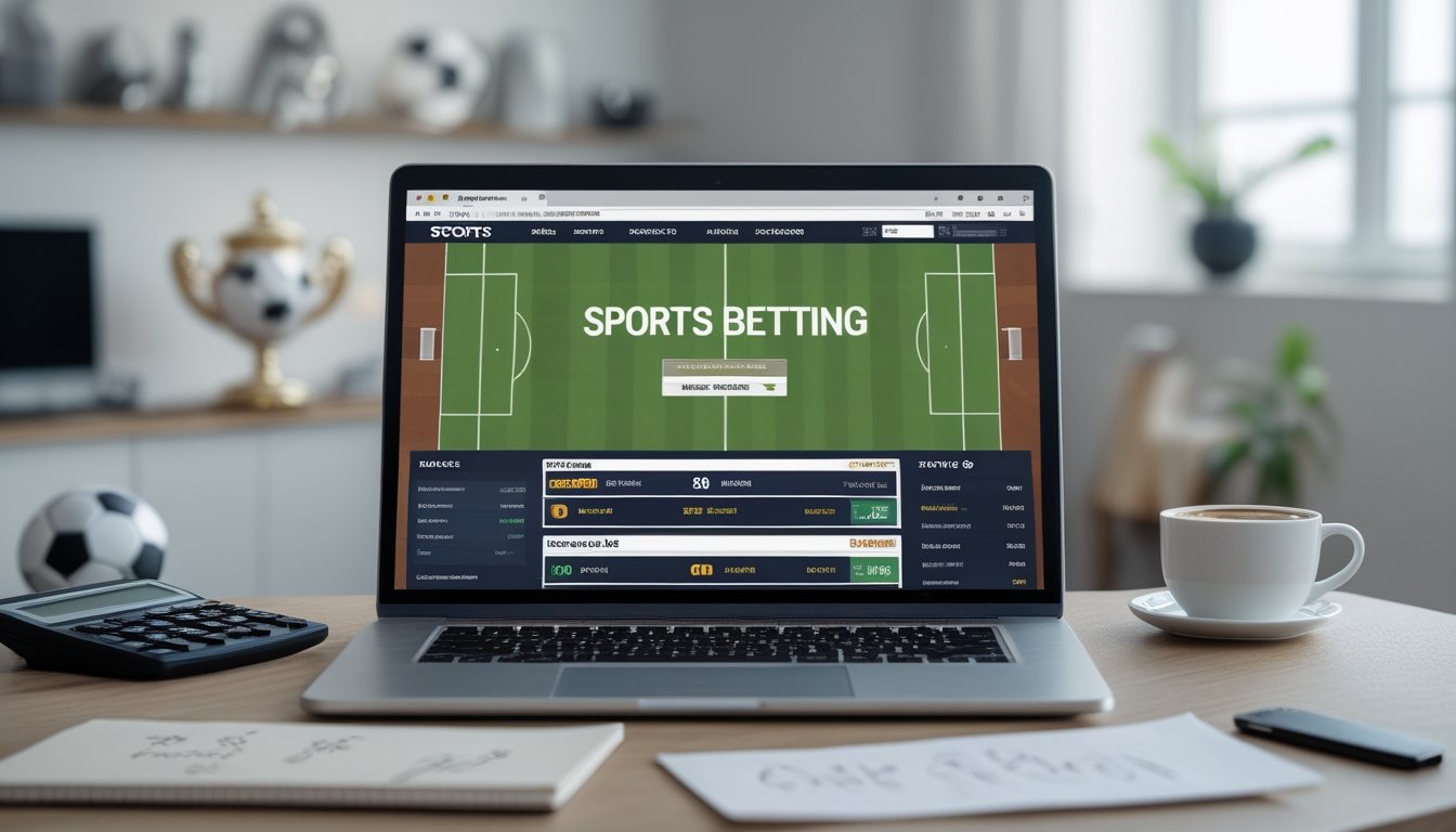 Sebuah meja kerja dengan laptop yang menampilkan situs taruhan bola online, kalkulator, catatan kecil, dan cangkir kopi di ruangan yang terang dengan dekorasi bertema sepak bola.