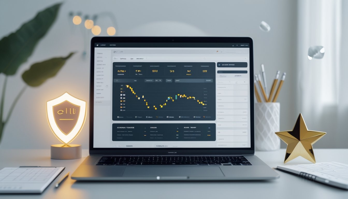 Sebuah meja kerja modern dengan laptop yang menampilkan grafik dan statistik taruhan olahraga, dikelilingi ikon perisai, bintang emas, dan daftar periksa.