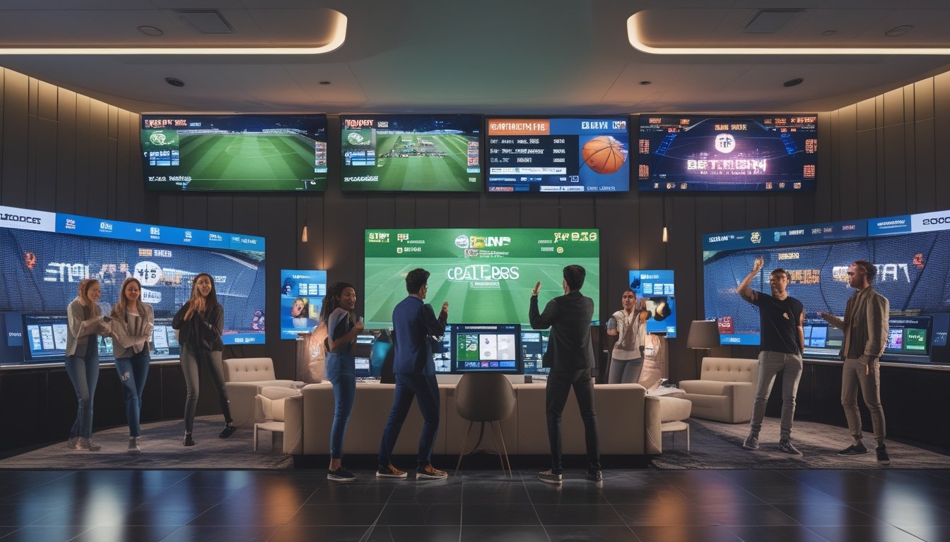 Sekelompok orang muda sedang menonton pertandingan sepak bola dan NBA di layar besar dalam ruang taruhan olahraga yang modern dan terang.