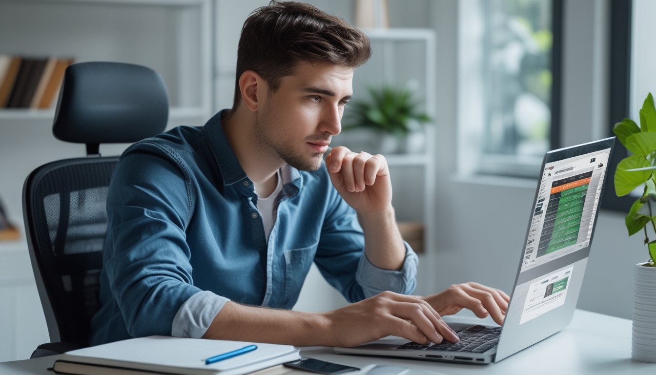 Seorang pria muda duduk di meja kerja dengan laptop dan catatan, fokus menganalisis data taruhan online.