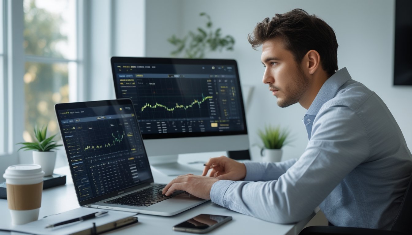 Seorang pria muda duduk di meja dengan laptop dan ponsel, fokus melihat layar yang menampilkan data taruhan online.