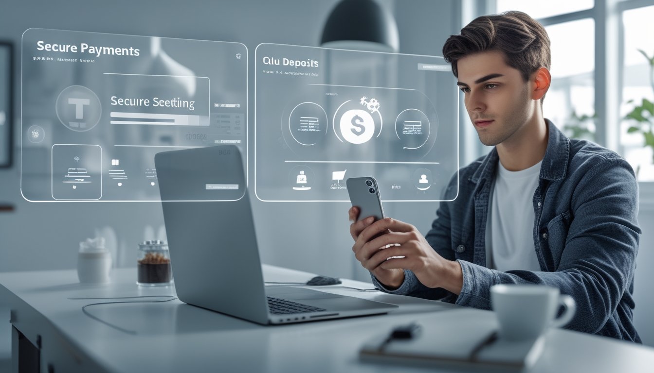 Seseorang menggunakan ponsel dan laptop di ruang kerja modern dengan tampilan pembayaran digital yang aman dan cepat.
