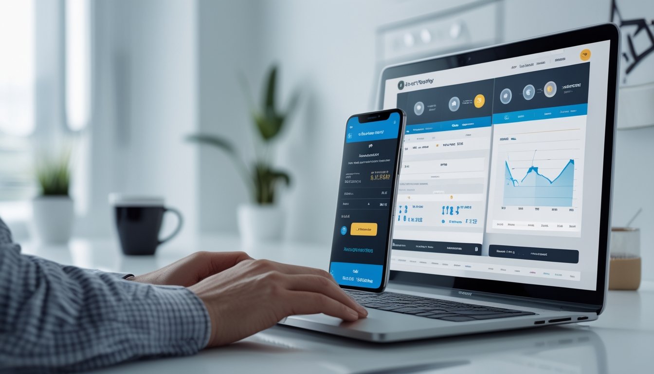 Seorang dewasa muda menggunakan laptop dan ponsel di meja yang bersih, menampilkan antarmuka platform taruhan online dengan grafik dan ikon keamanan.