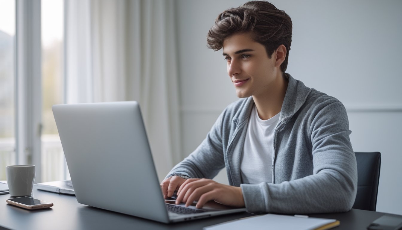 Seorang dewasa muda duduk di meja dengan laptop, tampak fokus dan tenang saat menggunakan situs taruhan online, di meja terdapat ponsel, kopi, dan buku catatan.