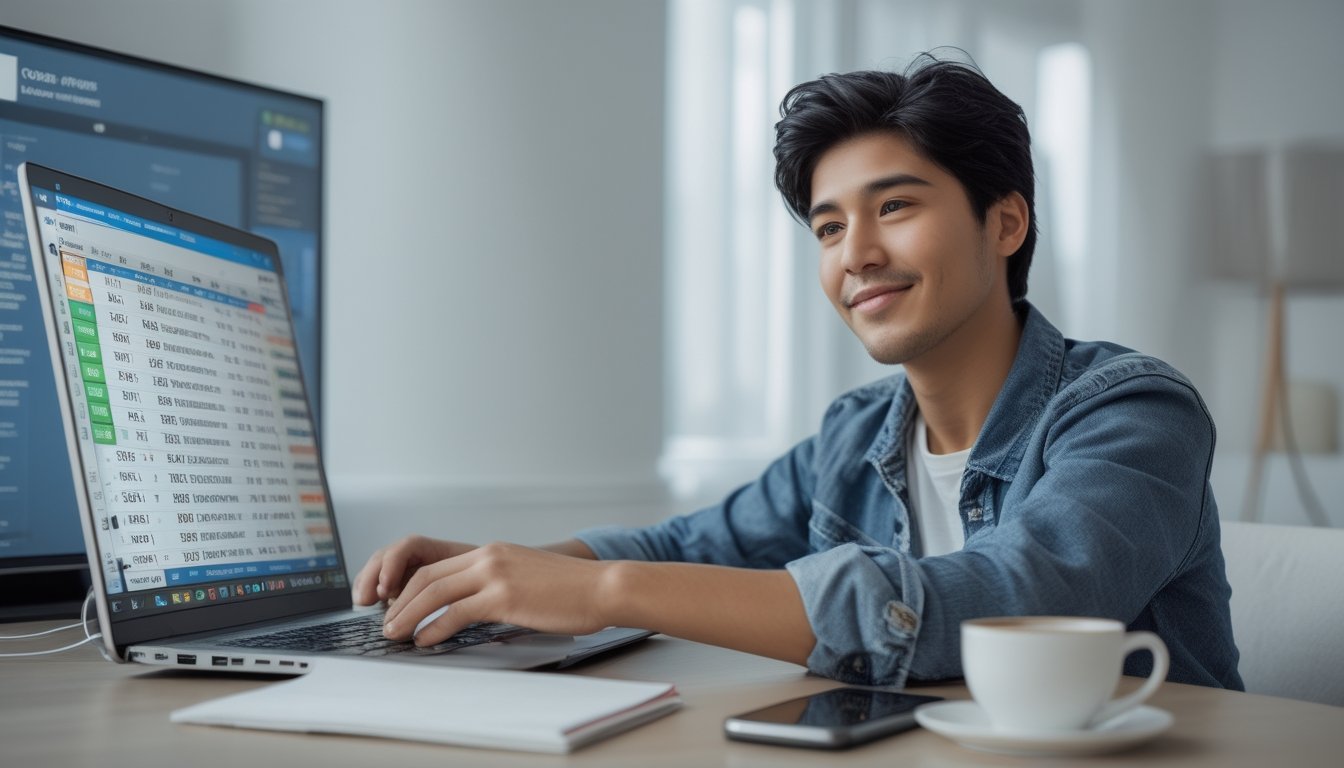 Seorang pemula bermain taruhan online dengan percaya diri di rumah menggunakan laptop di meja kerja.