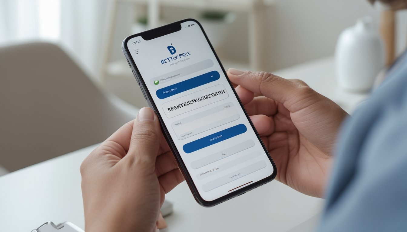 Tangan seseorang memegang ponsel pintar dengan layar aplikasi pendaftaran situs betting online, di atas meja dengan latar belakang yang samar.