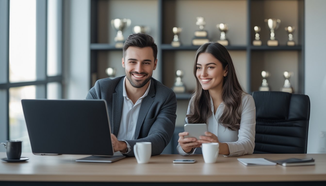 Seorang pria dan wanita muda duduk di meja kantor modern menggunakan laptop dan tablet untuk aktivitas taruhan online dengan ekspresi percaya diri dan senang.