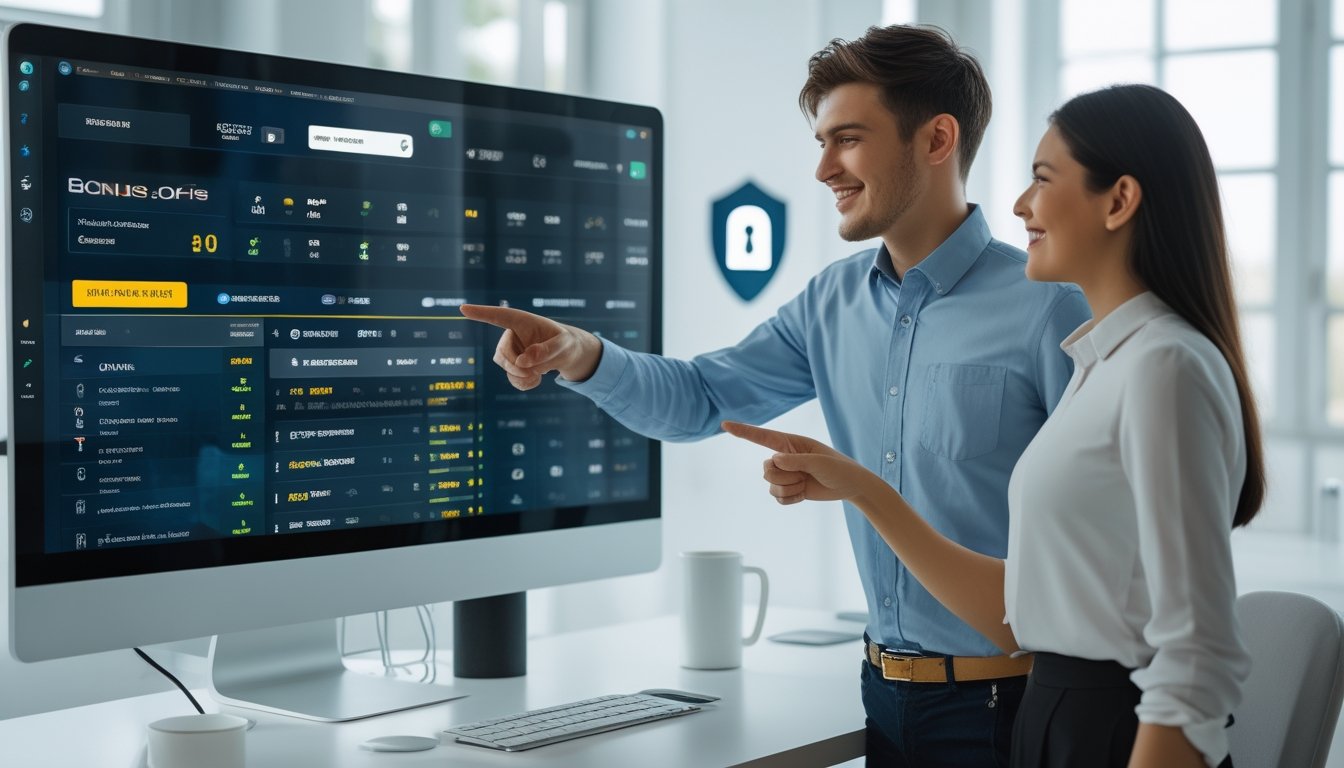 Dua orang muda berdiskusi di depan layar komputer yang menampilkan platform taruhan online dengan penawaran bonus baru.