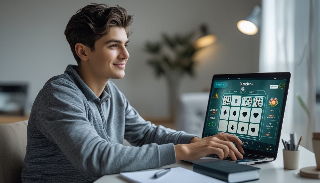 Seorang pemula sedang bermain blackjack online di laptop di meja rumah dengan suasana nyaman dan fokus.