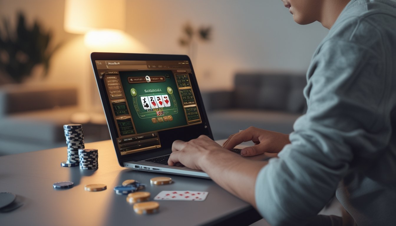 Seorang pemula bermain blackjack online di laptop di rumah dengan suasana nyaman dan pencahayaan hangat.