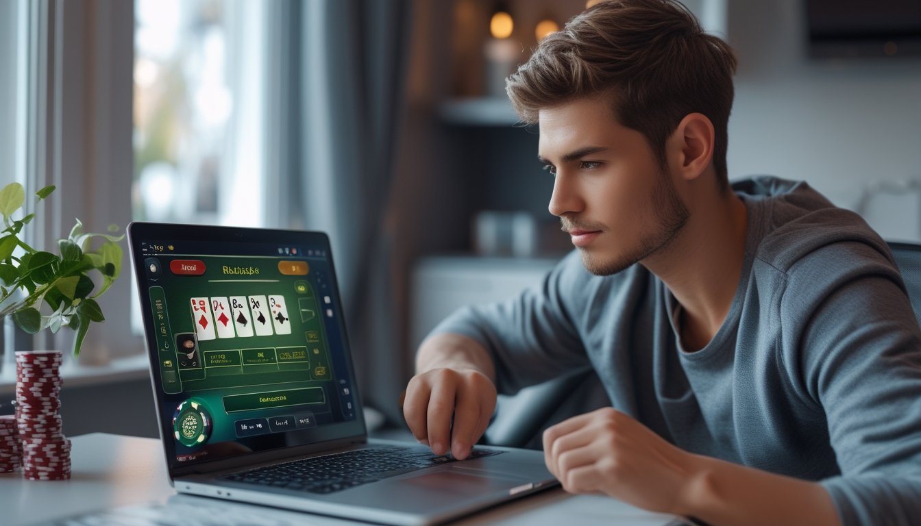 Seorang dewasa muda sedang bermain blackjack online di laptop di ruang kerja modern dengan suasana fokus dan tenang.