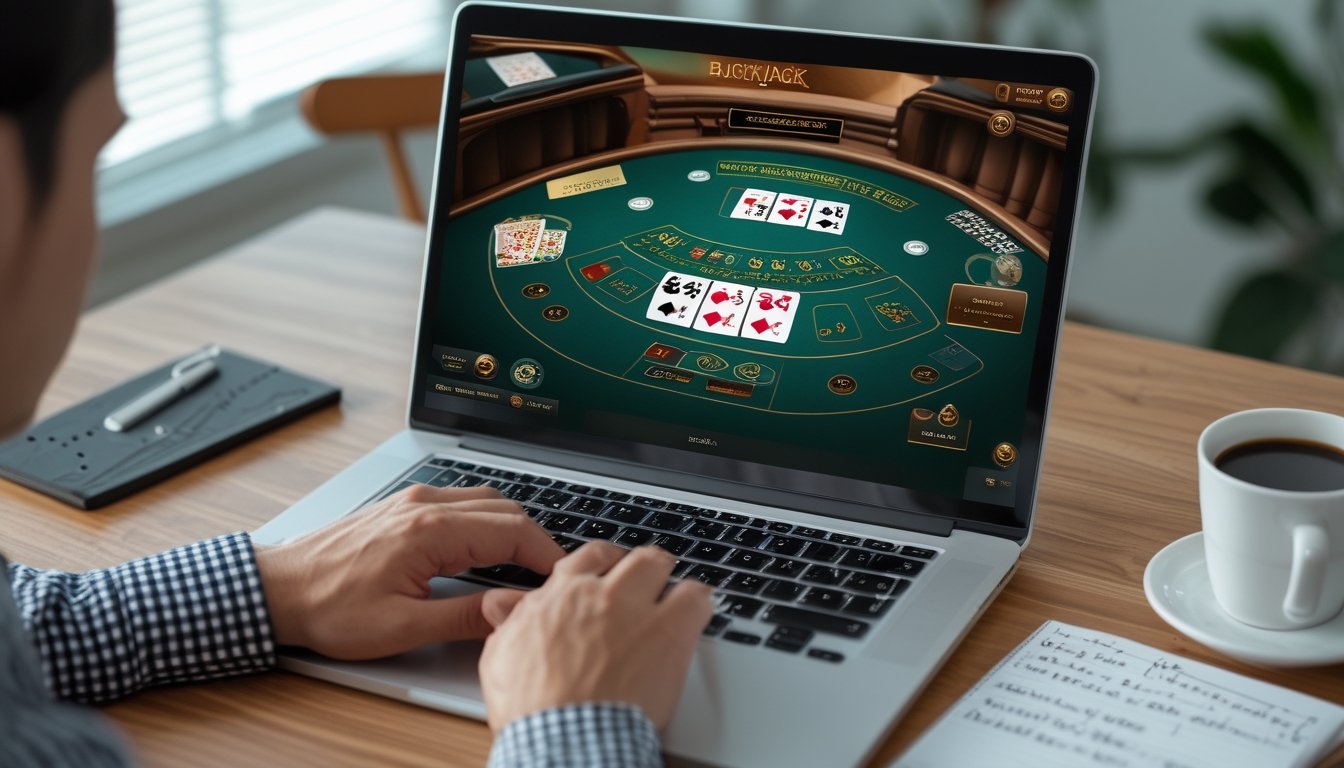 Seseorang bermain blackjack online di depan komputer dengan kartu dan chip, di meja terdapat catatan strategi dan secangkir kopi.