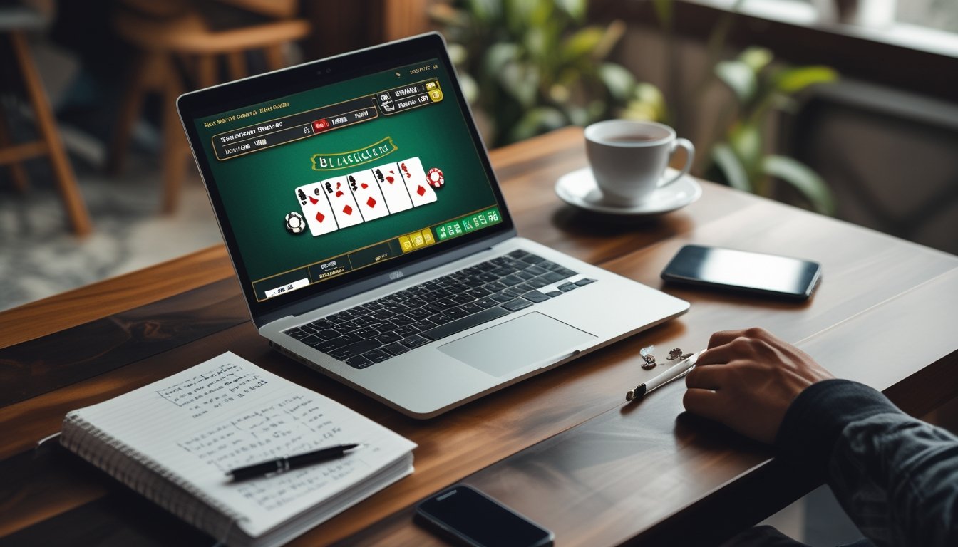 Seorang pemain blackjack online menggunakan laptop dengan kartu dan catatan strategi di meja kayu.
