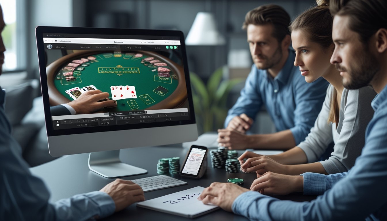 Beberapa orang sedang bermain blackjack online di depan komputer dengan kartu dan catatan strategi di atas meja.