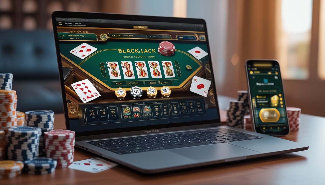 Sebuah laptop menampilkan permainan blackjack online dengan kartu dan chip poker di sekitarnya di atas meja dalam ruangan yang nyaman.