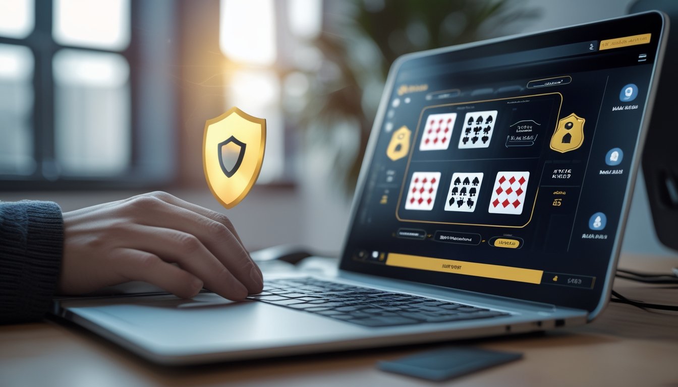 Seseorang sedang bermain blackjack online di komputer dengan simbol keamanan di latar belakang.