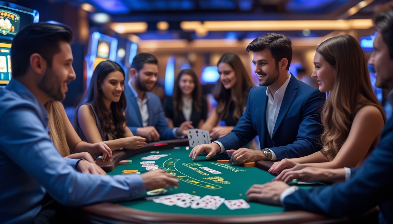 Meja blackjack dengan kartu, chip, dealer, dan pemain yang sedang bermain di kasino online langsung.
