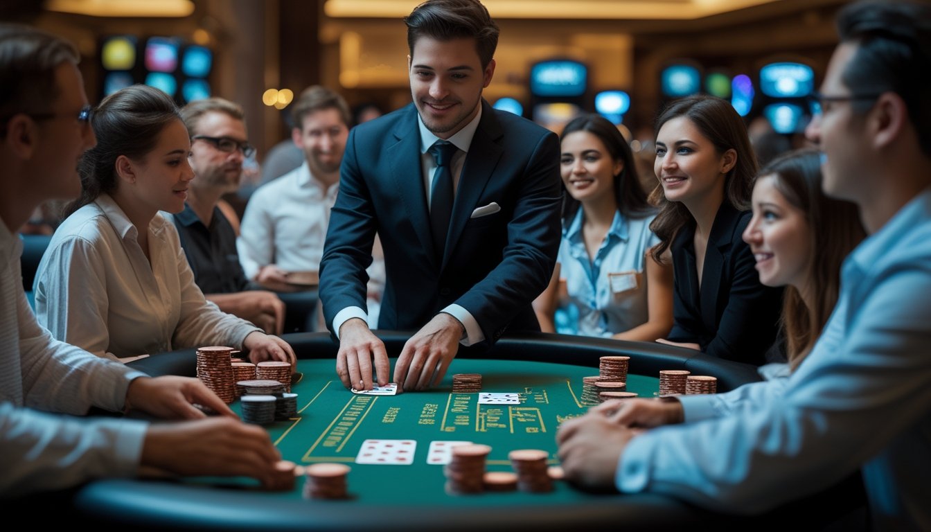 Seorang dealer membagikan kartu di meja blackjack dengan beberapa pemain yang fokus bermain di kasino langsung.