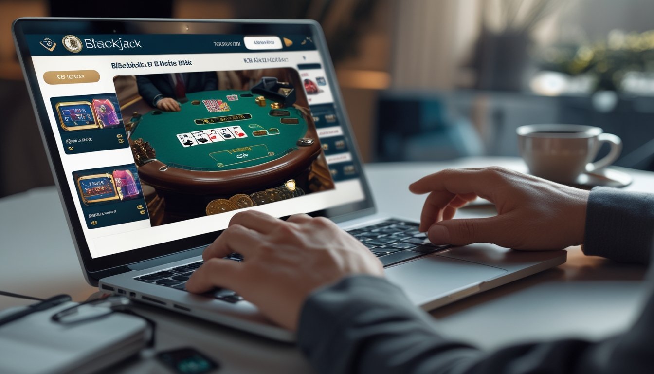 Seorang pemain sedang bermain blackjack online di laptop dengan meja kartu dan chip terlihat di layar.