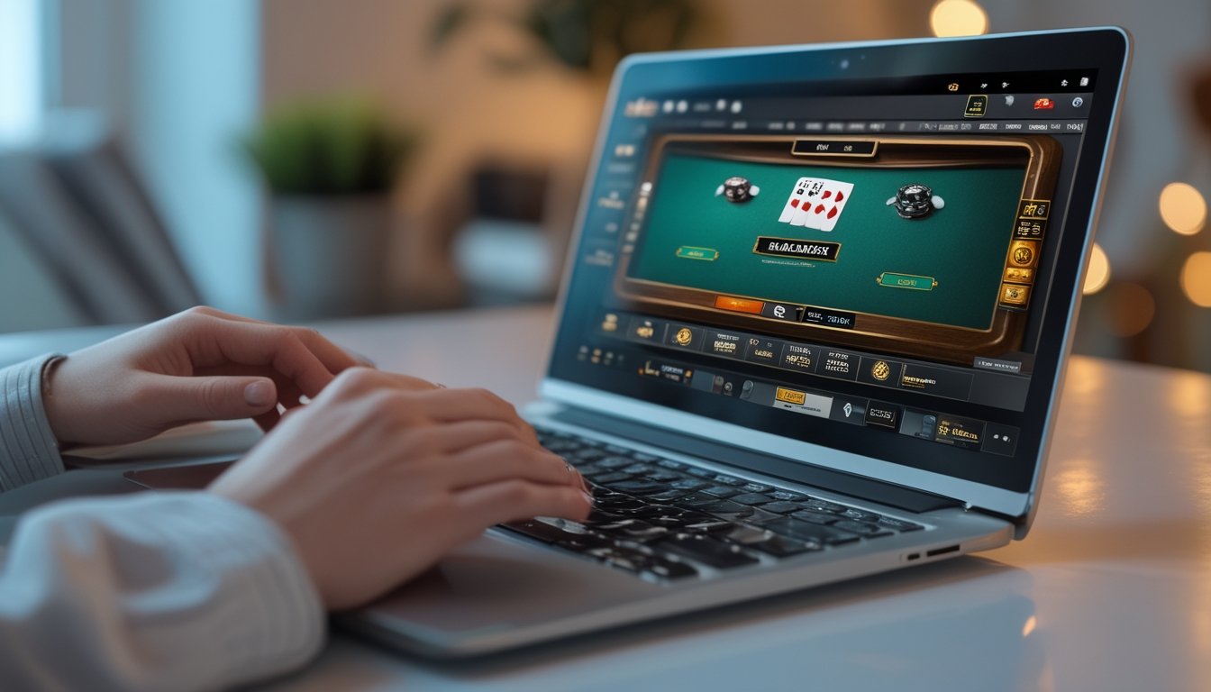 Seorang pengguna bermain permainan blackjack online di laptop dengan meja blackjack digital di layar dan tumpukan chip di sampingnya.