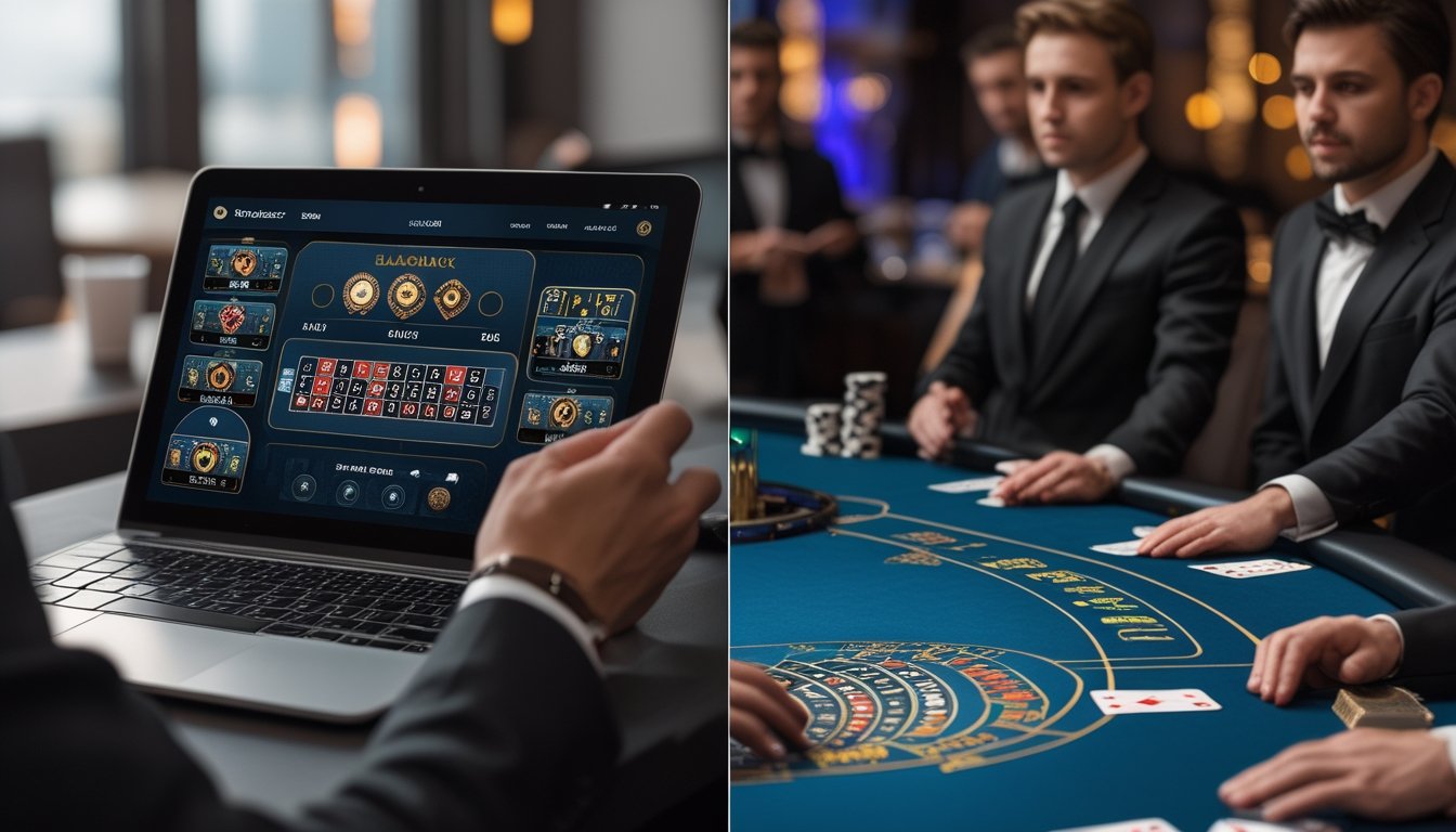 Seseorang bermain blackjack online di rumah menggunakan laptop di sebelah kiri, dan dealer sedang membagikan kartu blackjack di meja kasino langsung di sebelah kanan.