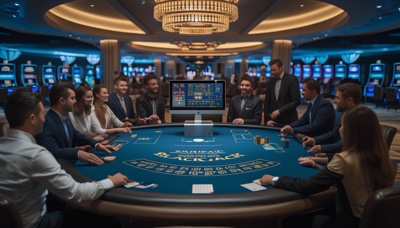 Suasana meja blackjack dengan dealer dan pemain yang bermain secara langsung di satu sisi, serta tampilan permainan blackjack online di layar digital di sisi lain.