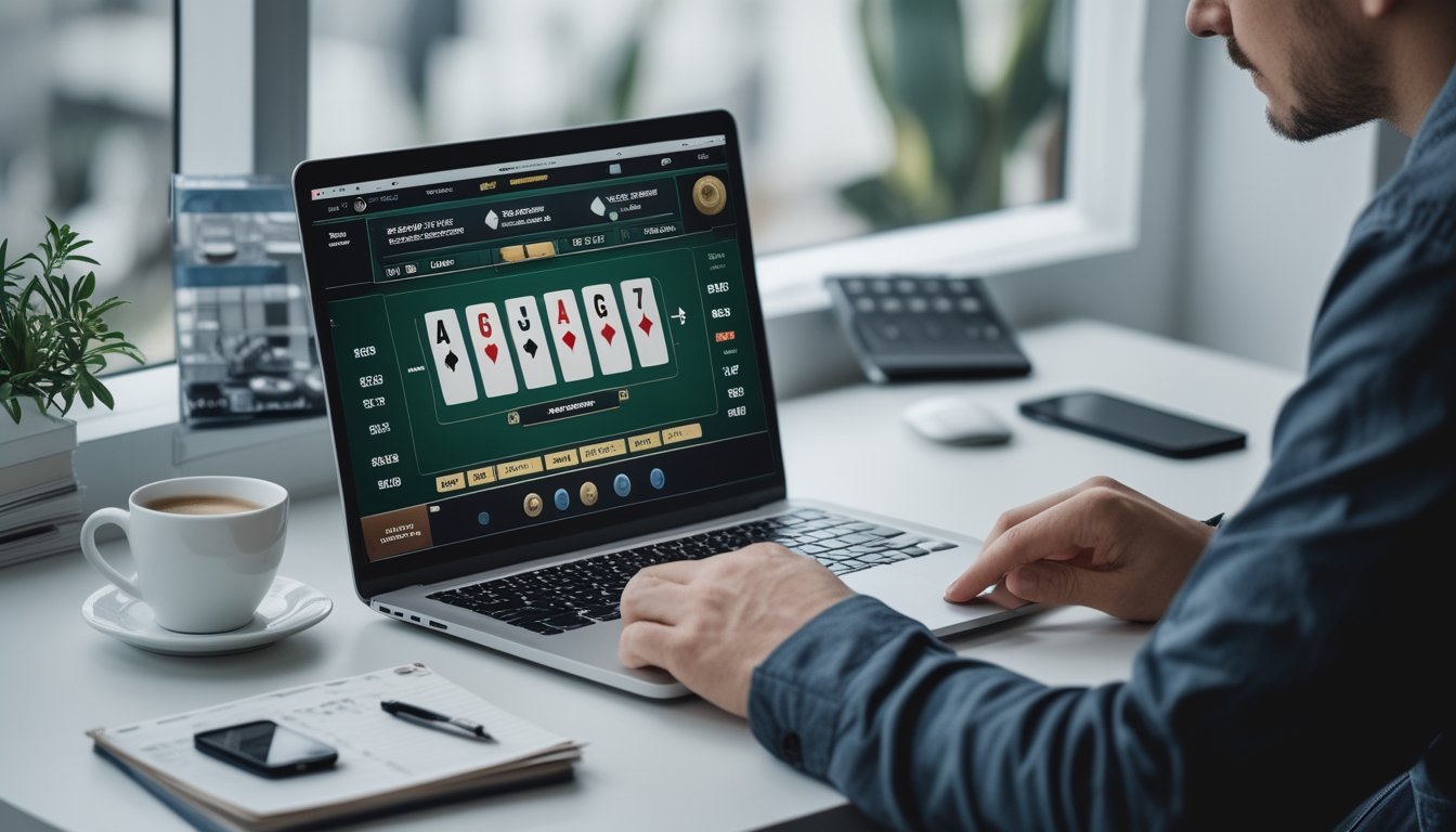 Seseorang sedang menganalisis permainan blackjack online di depan laptop dengan kalkulator dan catatan di meja.